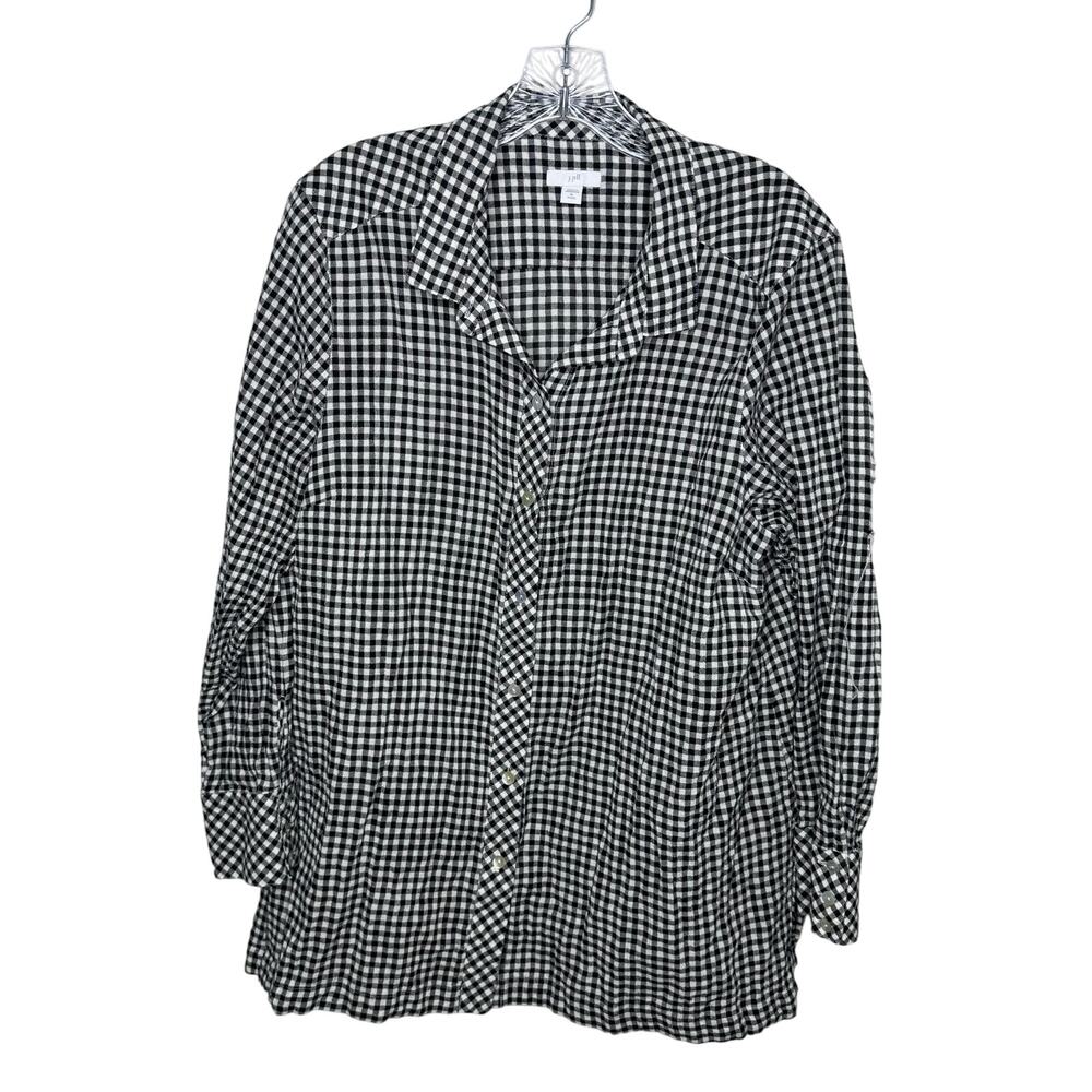 J. Jill XL Petite Black White Gingham Button Front Shirt Stretch Cotton Blend‎